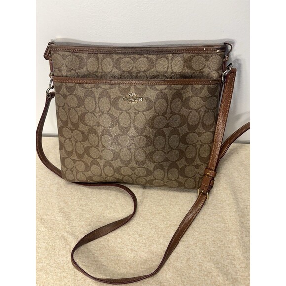 Coach Signature C File Bag Crossbody Shoulder Bag Purse Khaki Mahogony Sz 12x10 - Picture 1 of 16